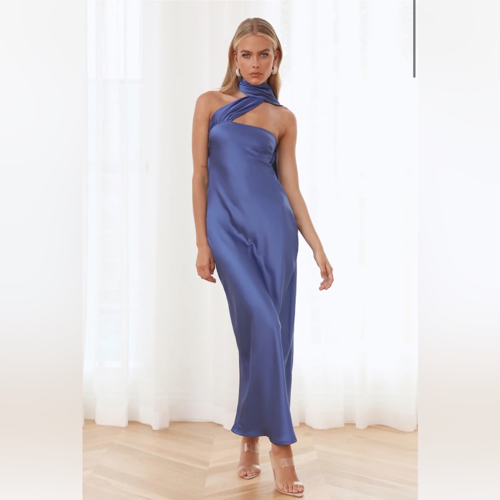 Dark Blue Satin Maxi Dress with Scarf